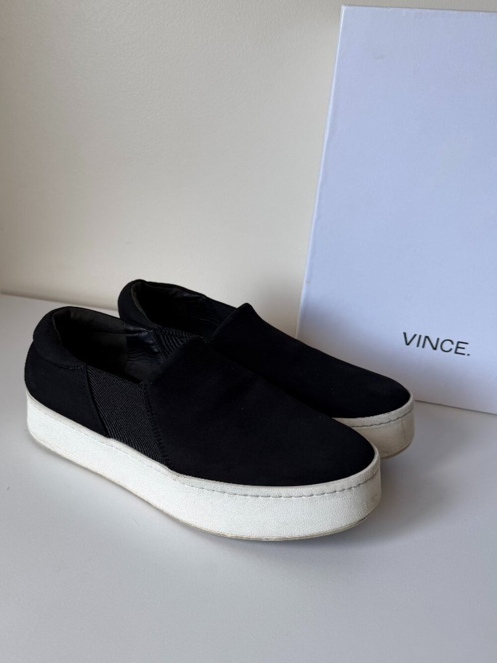 Vince Warren Platform Sneakers | Black Suede Slip-On | Size 7.5 | 1.5 Inch Heel
